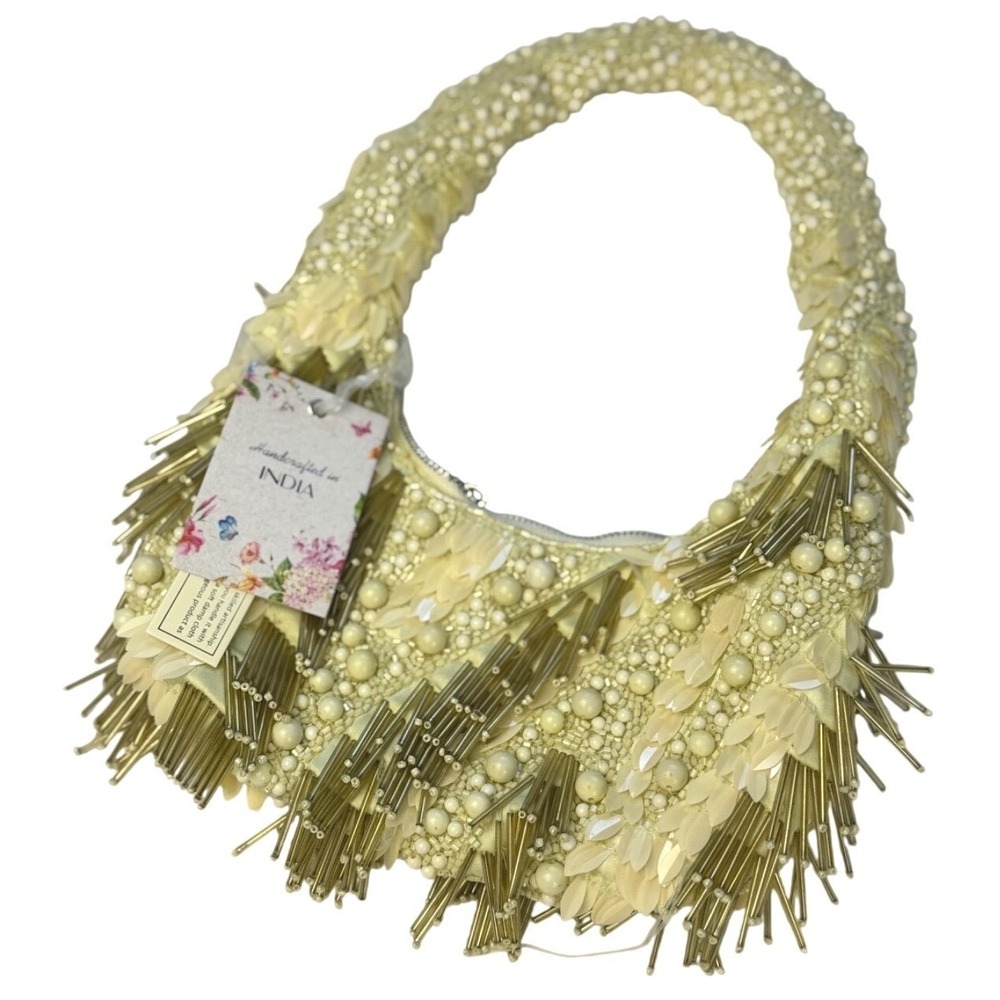 Handcrafted in India Light Yellow Fringe  Spike Beaded Bag Viral TikTok New BOHO